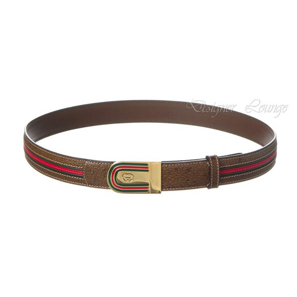NEW GUCCI Men's Brown Leather WEB Stripe Gold GG Logo Buckle Belt Size 115 - Picture 7 of 12